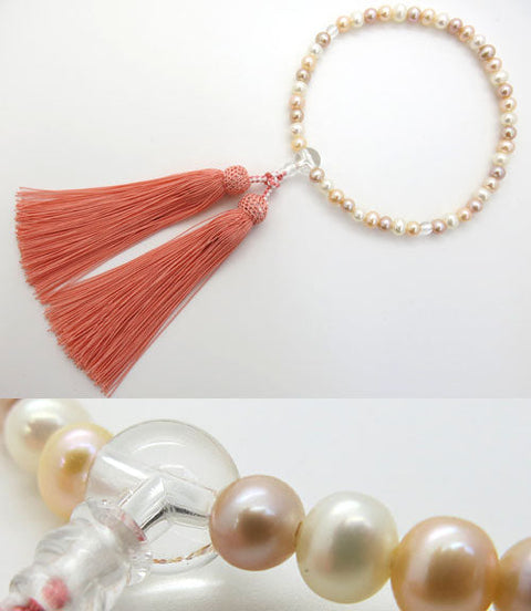 Women's prayer beads, freshwater pearls, potato-shaped, mixed, crystal finish, Shinonome tassel