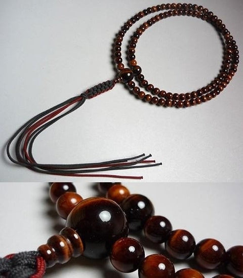 Men's prayer beads, red tiger eye, woven string, Rinzai sect