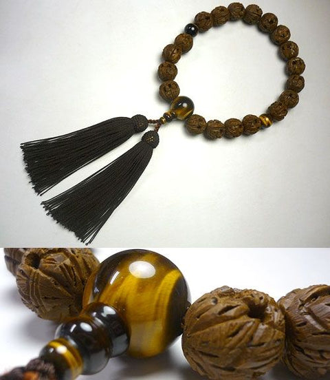 Men's prayer beads, 18 beads with arhat carvings, tiger's eye stone finish, dark brown tassel