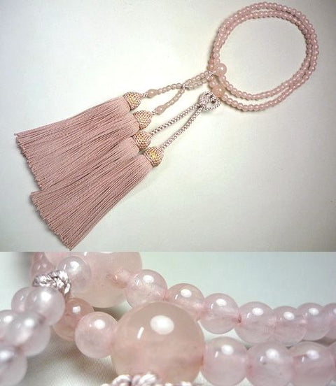 Women's Prayer Beads, Red Quartz, Jodo Shinshu, Grey Sakura Tassel