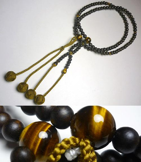 Men's prayer beads, striped ebony, tiger's eye stone, Jodo Shinshu
