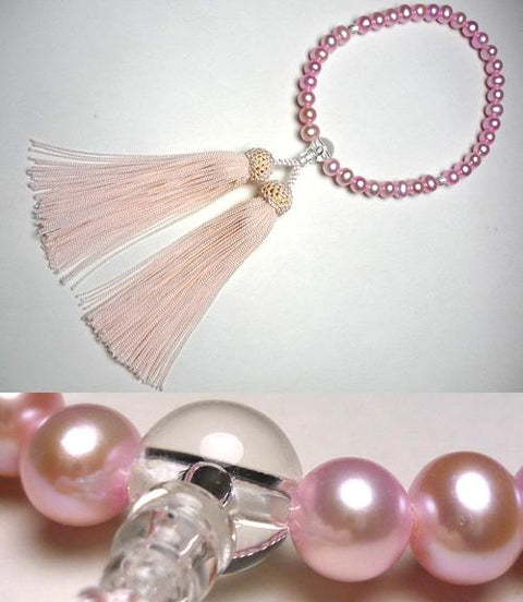 Women's prayer beads made of pink freshwater pearls and quartz