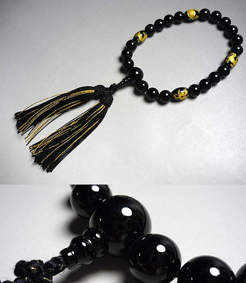 Men's prayer beads, black onyx, Feng Shui four gods carving, made to order, gold lettering