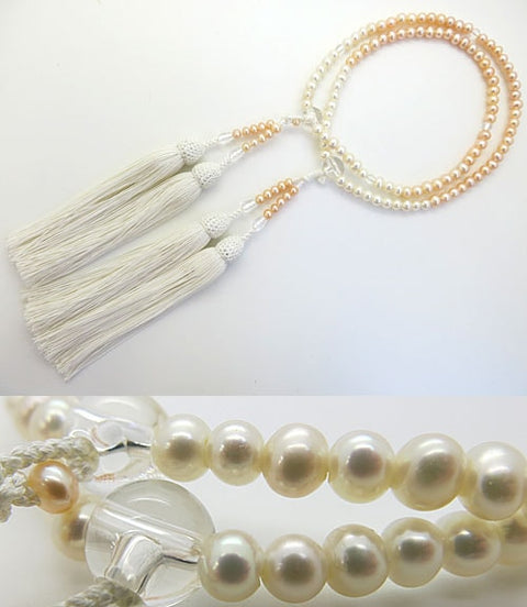 Women's prayer beads, freshwater pearls, potato-shaped, gradation, crystal finish, white tassel, for all eight sects