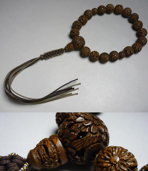Men's prayer beads, boxwood (Tsuge), chrysanthemum carving, 18 beads, made with matching thread tassels