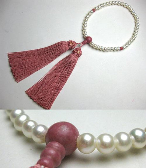 Women's prayer beads, freshwater pearls, potato-shaped, peanut-tight, light pink tassels