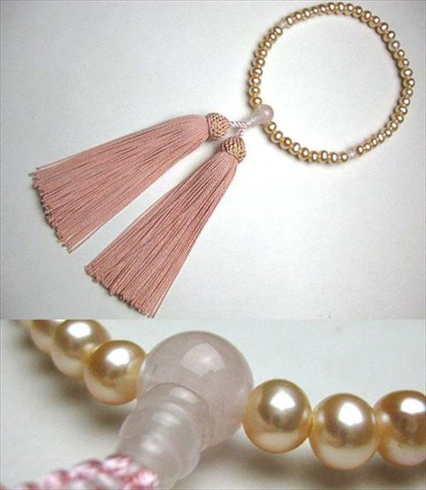 Women's Rosary, Orange Freshwater Pearl Potato Shape, Red Quartz, Pink Tassel