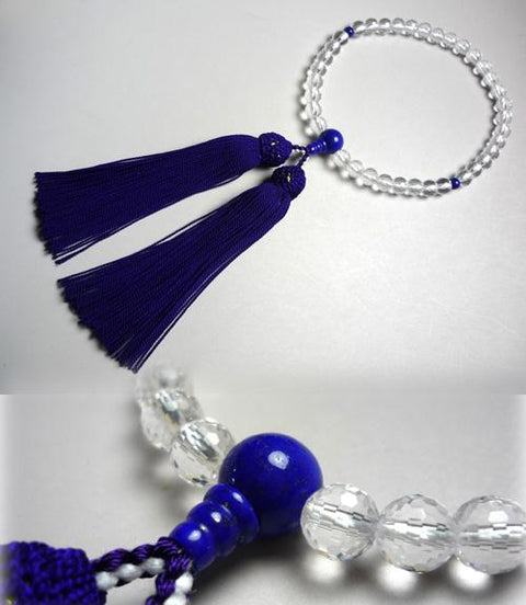 Women's prayer beads, 108 faceted quartz crystal, lapis lazuli finish