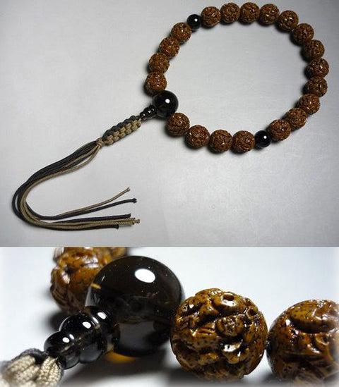 Men's prayer beads, antique star and moon bodhi tree, arhat carving