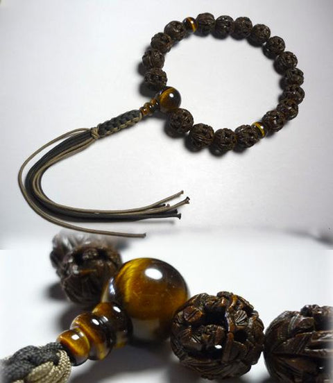 Men's prayer beads with arhat carvings and tiger's eye stone