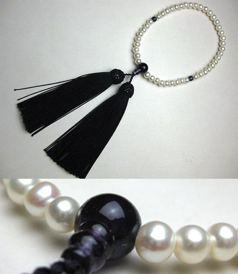 Women's prayer beads, potato-shaped freshwater pearls, amethyst finish, purple and blue tassels