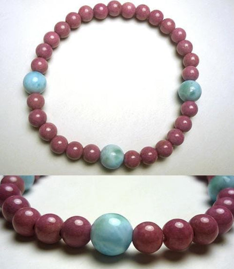 Rhodonite round bead bracelet with three-point Larimar finish 6mm