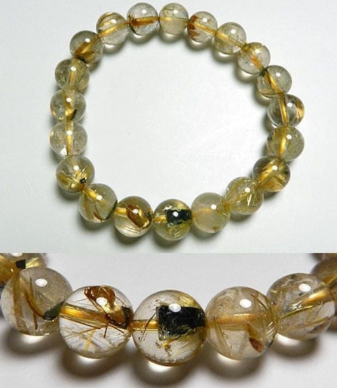 Rutile (gold-lined quartz crystal) 10mm beads, straight bracelet, with tourmaline