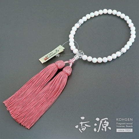 Women's Rosary, Kyoto Opal 7mm Beads, Quartz Cut, Pink Tassel