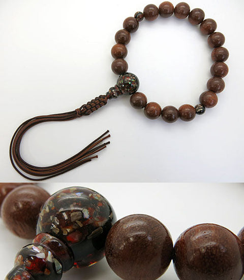 Men's rosary, Amberwood, 18 beads, Recycled mother-of-pearl amber finish, with string tassel
