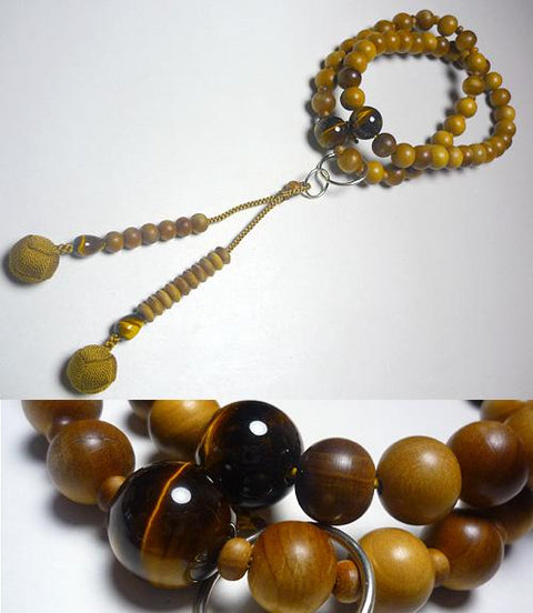 Men's prayer beads, sandalwood (from India), tiger's eye stone finish, Jodo sect, Hamaribo