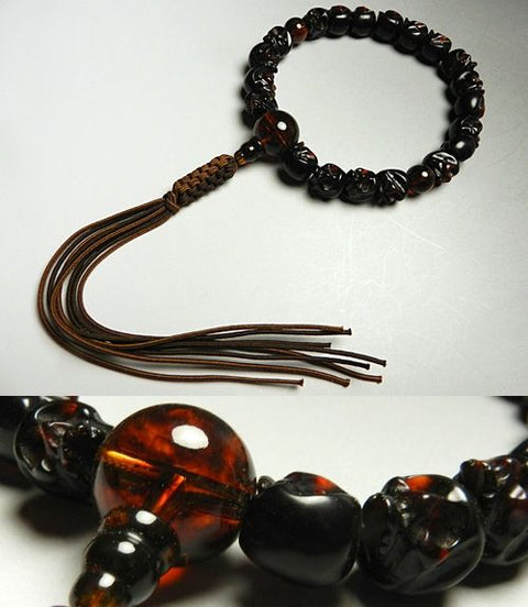 Men's Prayer Beads, Recycled Amber, Skeleton Carving, 20 Beads, Compressed Cherry Amber