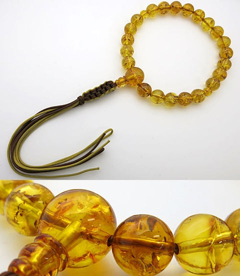 Men's prayer beads, glittery, natural amber, 22 beads, matching tassel, golden brown or dark brown tassel