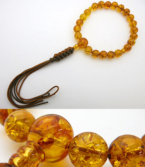 Men's prayer beads with glitter, natural amber, 22 beads, matching tassel, light brown/dark brown tassel