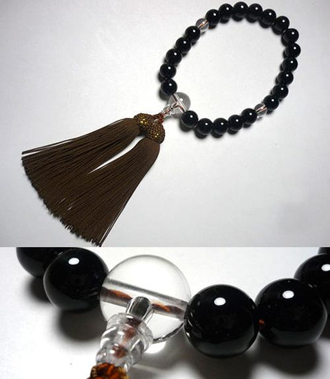Men's prayer beads, black onyx, crystal finish, light brown tassel