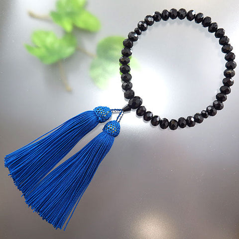 Women's prayer beads, black onyx, orange ball cut glass, made with iron tassel