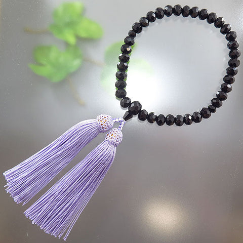 Women's prayer beads, black onyx, orange ball cut, matching finish, wisteria tassel