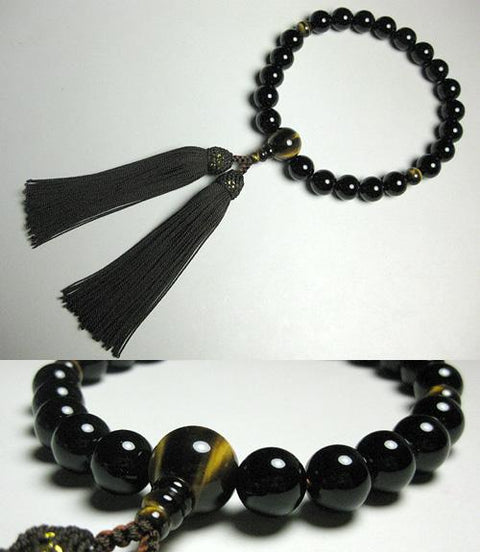 Men's prayer beads, black onyx, tiger's eye stone finish, dark brown tassel
