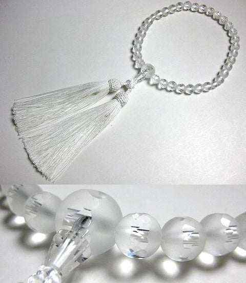 Women's prayer beads with window, Awayuki (crystal) cut glass, made with matching white tassels