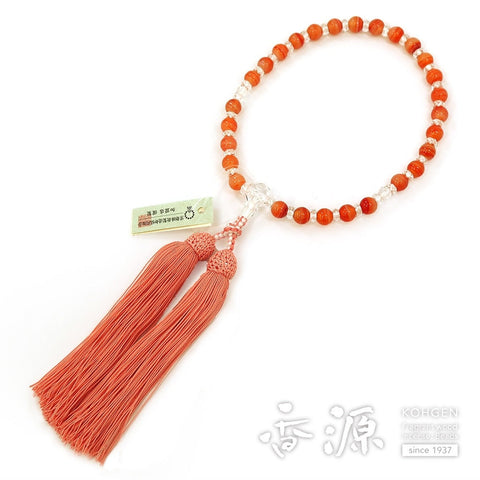 Women's prayer beads, striped agate, alternating quartz cut glass, Shinonome tassel