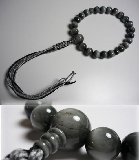Men's prayer beads, grey tiger's eye stone, 22 beads, matching finish, string tassel