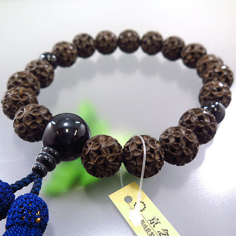 Men's prayer beads, boxwood, cloisonne carving, 18 beads, blue tiger's eye stone finish