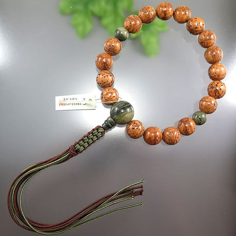 Men's prayer beads, Indian longan bodhi tree, 18 beads, green stone finish