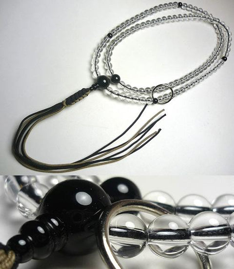 Men's prayer beads, crystal, black onyx, Soto sect, light brown, dark brown tassel