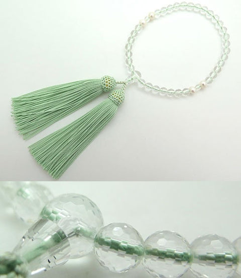 Women's prayer beads, 108 facets of quartz, freshwater pearls, 4-piece set, celadon tassel