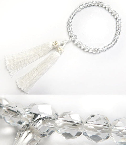 Women's prayer beads, crystal, hand-polished cut glass, matching finish, white tassel