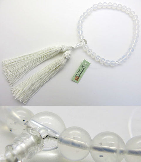 Women's Prayer Beads, Himalayan Moon Quartz, 8mm Beads, Quartz, White Tassel