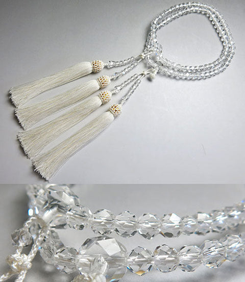 Women's prayer beads, crystal, hand-polished cut glass, made to order, white tassel, for all eight sects, double layer