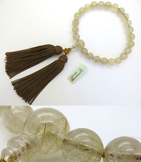 Men's prayer beads, rutile crystal (gold-lined crystal), 22 beads, same finish, dark Rikyu tassel