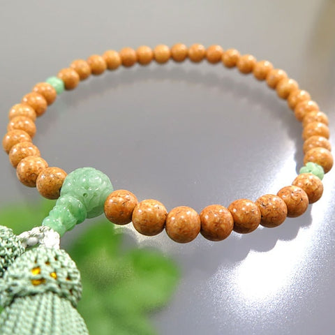 Women's prayer beads, Indian Bodhi tree, 7mm beads, Burmese jade, floral carving