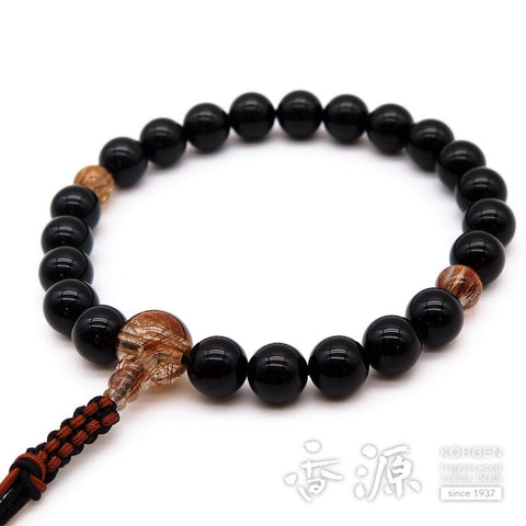 Men's prayer beads, black onyx, 22 beads, red gold wire crystal, pure silk net, set of 6