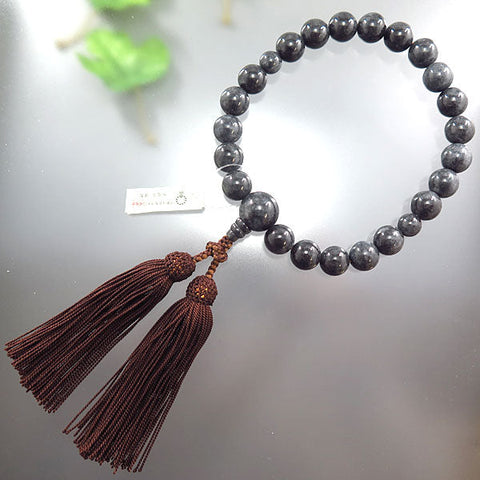 Men's prayer beads, black Burmese jade, 22 beads, matching finish, dark brown tassel