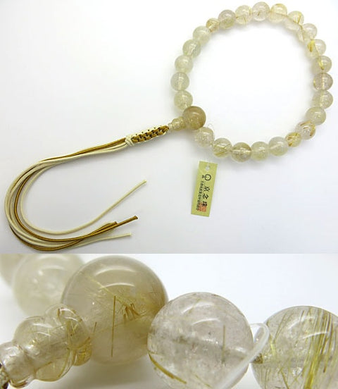 Men's prayer beads, rutilated quartz (gold-lined quartz), 22 beads, matching finish, string tassel