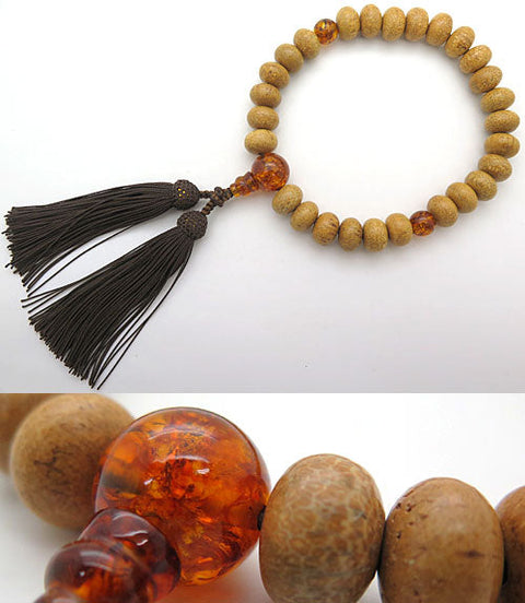 Men's prayer beads, 27 beads, made of Indian Bodhi tree, compressed amber, dark brown tassel