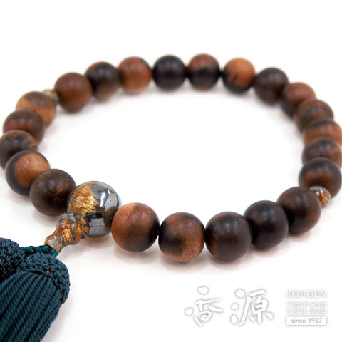 Men's prayer beads, black persimmon, 22 beads, hematite in rutile finish, limited edition