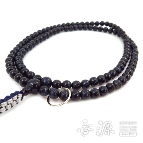 Men's prayer beads, blue tiger eye stone, 18cm, Zen sect, Soto style, silver ring with string tassel