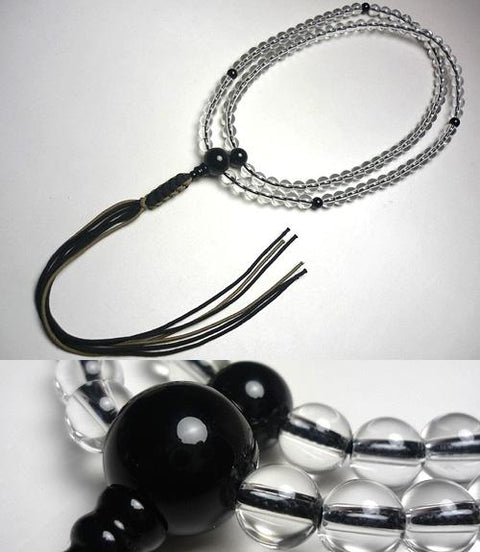 Men's Prayer Beads, Crystal, Black Onyx Finish, Rinzai Sect, Light Brown/Dark Brown Tassel