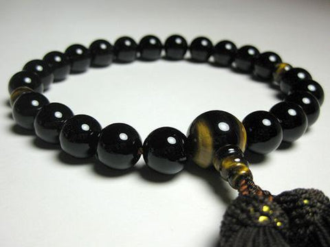 Men's prayer beads, black onyx, tiger's eye finish