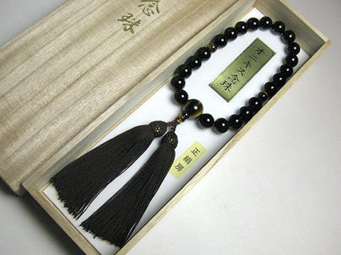 Men's prayer beads, black onyx, tiger's eye finish