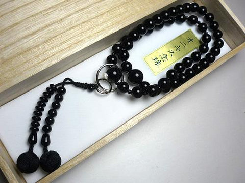 Men's Prayer Beads, Black Onyx, Uniform Finish, Jodo Sect, Black Tassel