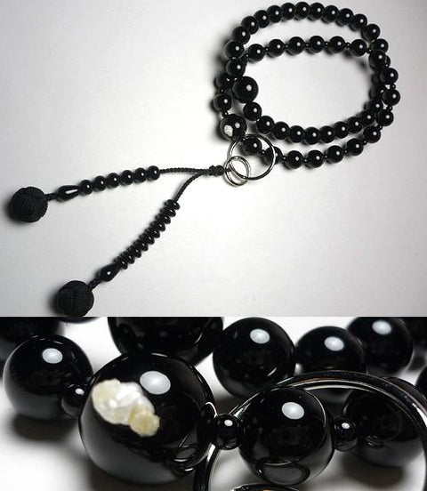Men's Prayer Beads, Black Onyx, Uniform Finish, Jodo Sect, Black Tassel